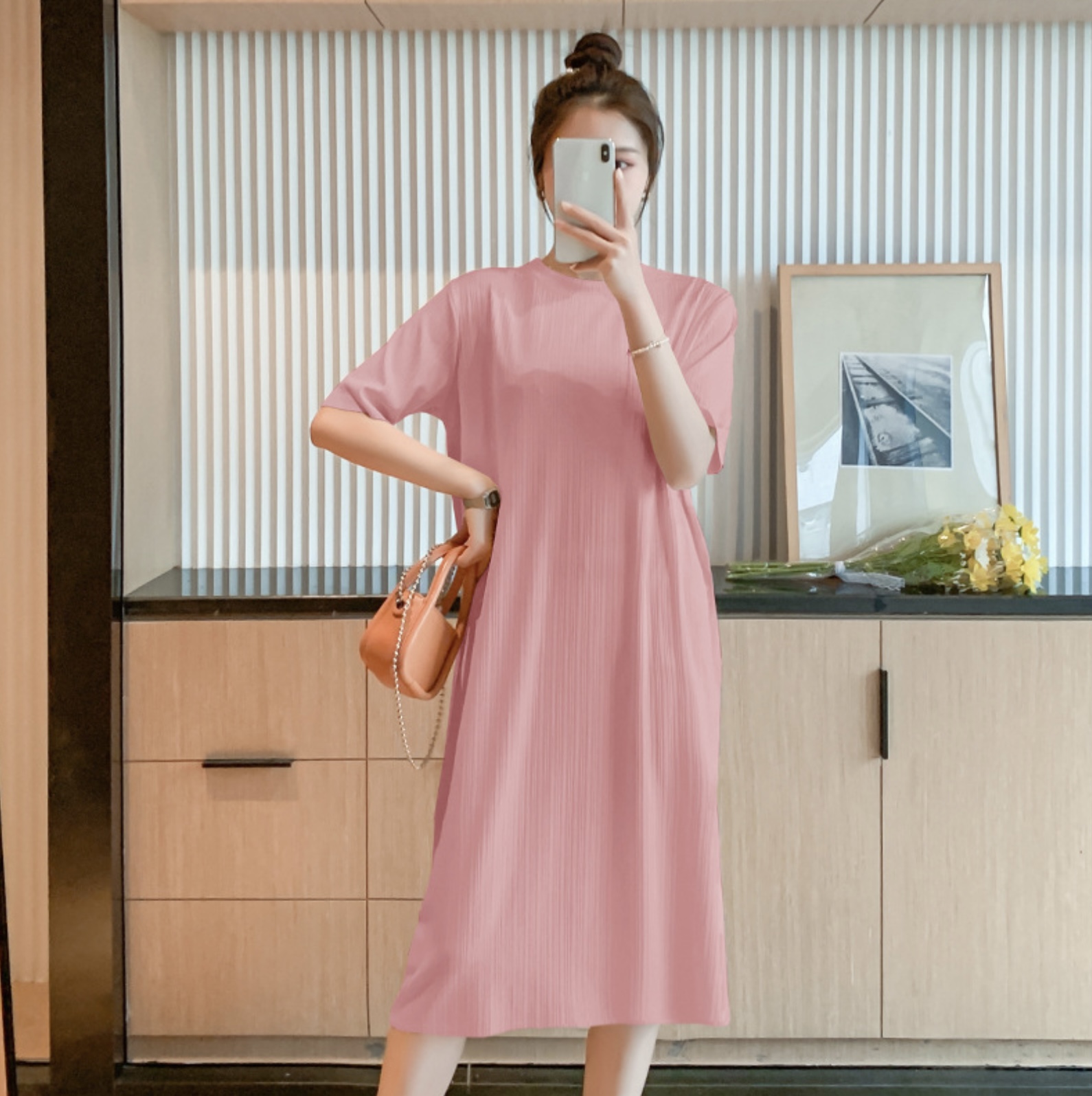 เดรสคลุมท้องแฟชั่นสบายๆ แขนสั้น ดูดี ผ้าทิ้งตัว มีน้ำหนัก เนื้อดีค่ะ M L XL XXL