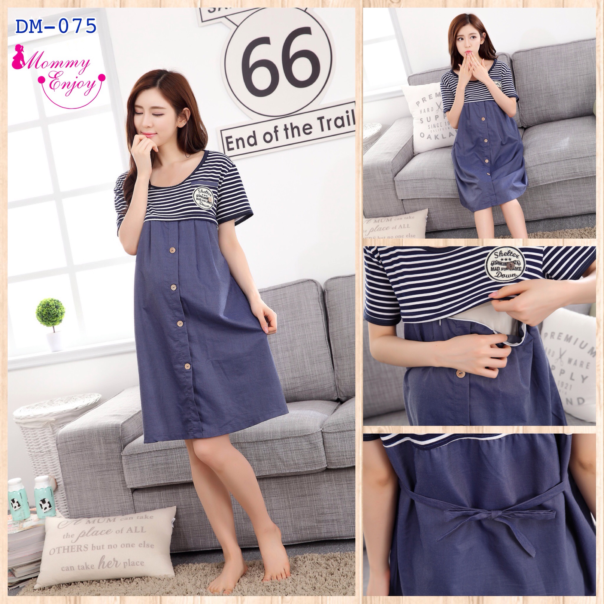 เดรสคลุมท้องเปิดให้นม ผ้ายืดนิ่มช่วงบน และผ้าฝ้ายสียีนส์สวย ประดับกระดุม น่ารักๆ ฟรีไซส์