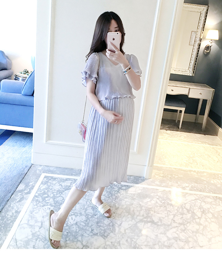 ชุดคลุมท้องแฟชั่น สีเทา ชุดสวยอัดพรีททั้งชุด แขนระบาย M L XL XXL