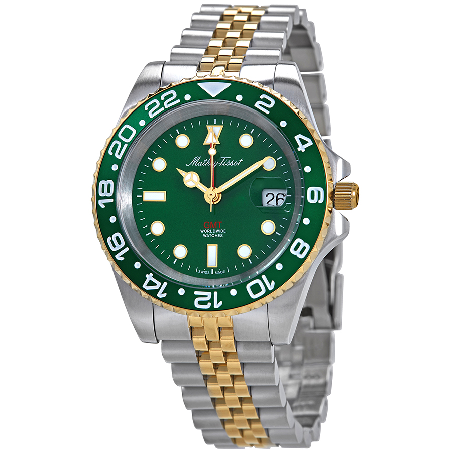 Mathey-Tissot H903BBV นาฬิกาผู้ชาย Vintage GMT Two-Tone Green Quartz Men's Watch