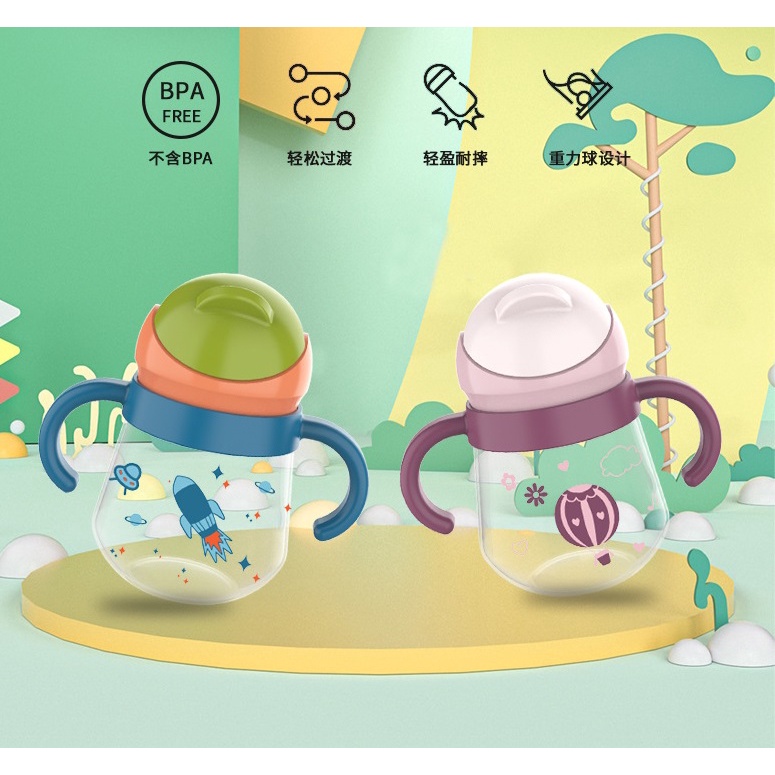 ถ้วยหัดดื่ม BIBOO แก้วหัดดื่ม ขวดน้ำหัดดื่ม พร้อมฝาปิดและหลอดซิลิโคนฟู้ดเกรด