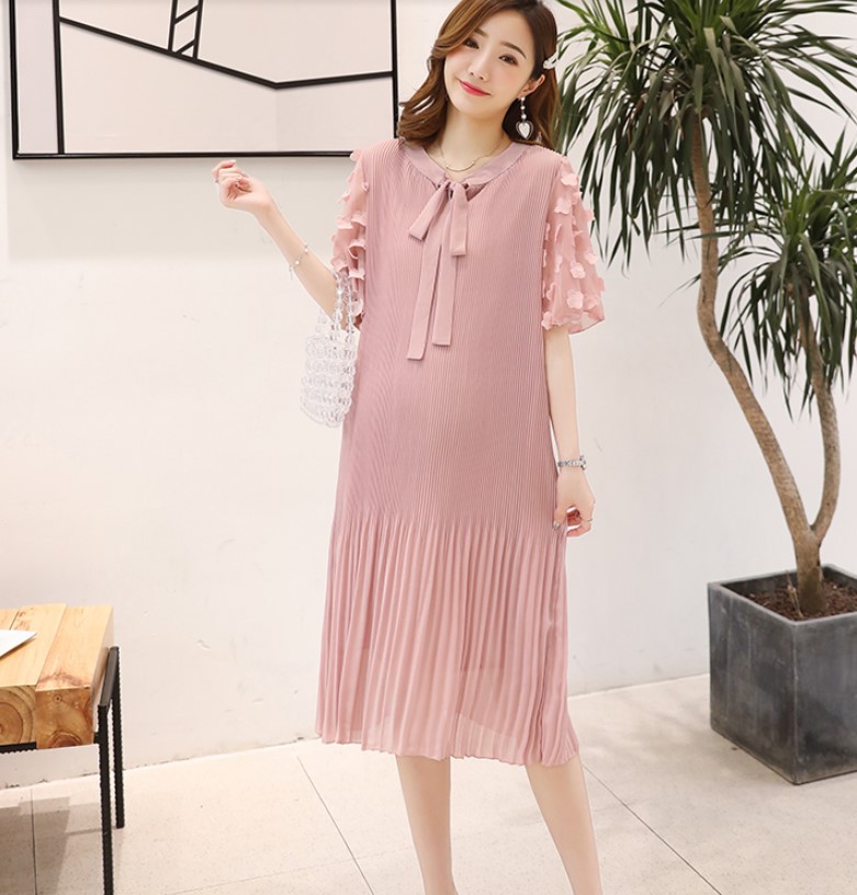 เดรสคลุมท้องแฟชั่น ผ้าชีฟอง พรีท มีซับใน ผูกโบว์ที่คอ น่ารักมากค่ะ M L XL XXL