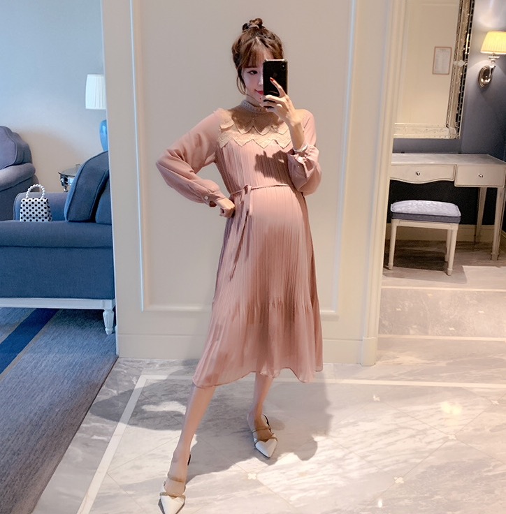 เดรสคลุมท้องแฟชั่นแขนยาว ผ้าชีฟอง คอลูกไม้ ช่วงไหล่ซีทรู พรีททั้งชุด มีซับใน M L XL,XXL