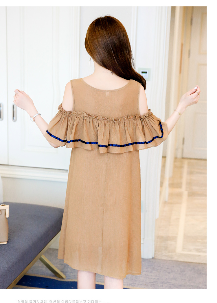 เดรสคลุมท้องแฟชั่นเปิดไหล่ ทำระบายช่วงอก รอบท้องใหญ่ใส่ได้ถึงคลอด M L XL,XXL