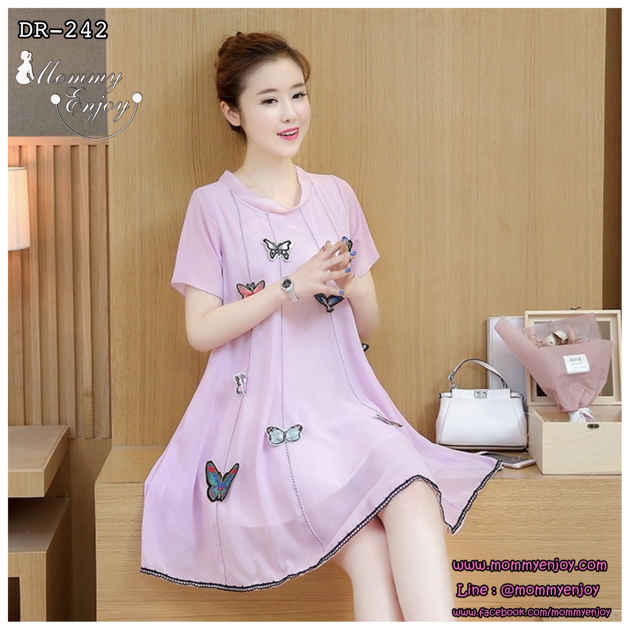 ชุดคลุมท้อง ผ้าชีฟอง ประดับด้วยผีเสื้อตามตัว เริ่ดมาก มีซับในทั้งชุด ม่วง M,L,XL,XXL