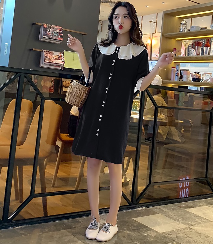 เดรสคลุมท้องแฟชั่น ทรงตุ๊กตา คอบัว กระดุมเปิดให้นมได้ ช่วงปก ทำย่นเพิ่มความน่ารัก M L XL XXL