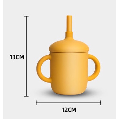 ถ้วยหัดดื่ม แก้วหัดดื่ม ซิลิโคนฟู้ดเกรค มีฝาปิด แก้วน้ำพร้อมหลอดดูด มีหูจับ Food Grade