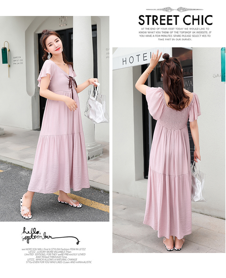 เดรสคลุมท้องแฟชั่นยาว คอวีด้านหลังเป็นสม๊อค ผูกช่วงอก แขนระบาย น่ารักมาก M L XL,XXL