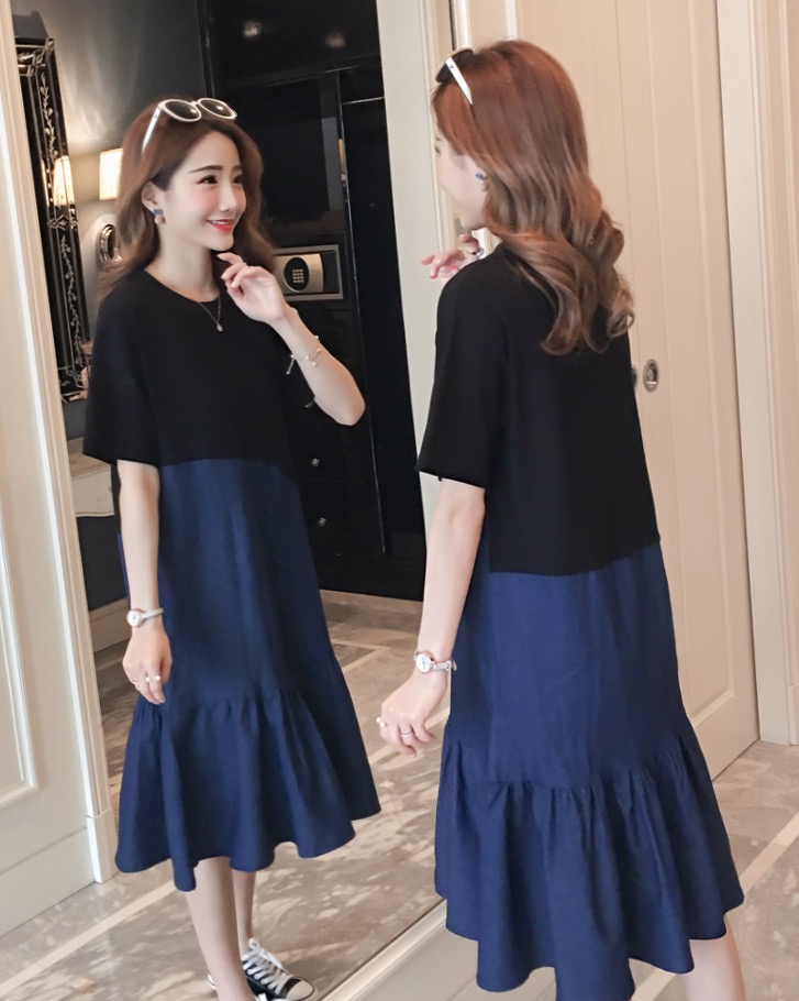 ชุดคลุมท้องเดรส ช่วงบนเป็นผ้ายืดนิ่ม ด้านล่างเป็นผ้ายีนส์ ปลายทำระบาย ใส่สบายสุดๆ M L XL XXL