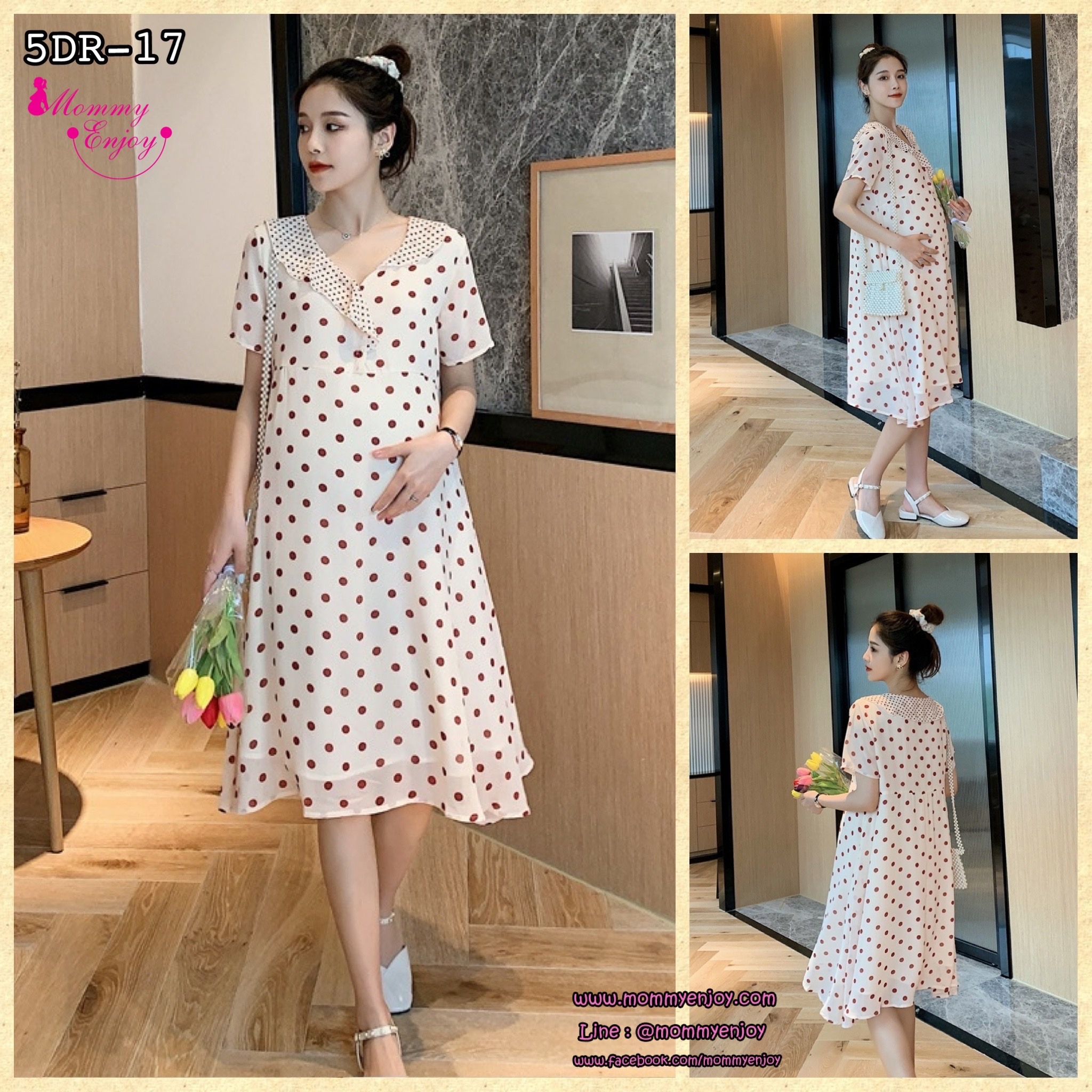 เดรสคลุมท้องแฟชั่น ผ้าชีฟอง ลายจุด มีซับใน ผ้าเนื้อดี ใส่สวย ดีไซน์เก๋ M L XL XXL