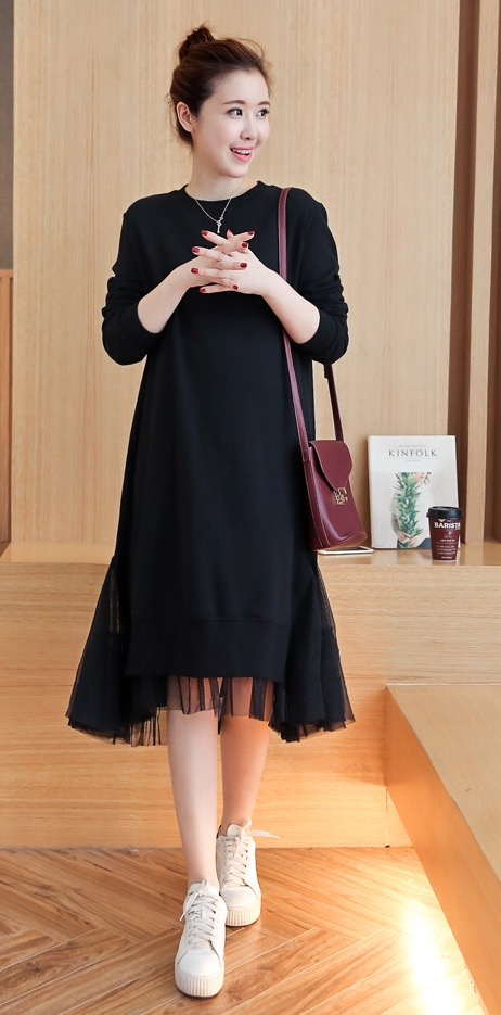 เดรสคลุมท้อง แขนยาว ผ้าหนานุ่ม ชายกระโปรงต่อระบาย ผ้านิ่ม M,L,XL,XXL