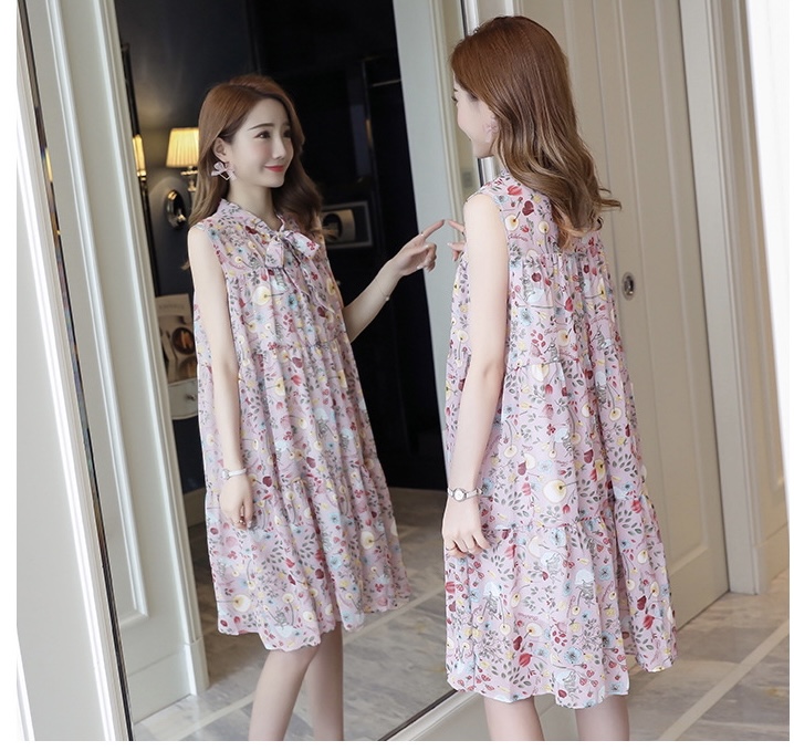 เดรสคลุมท้องแฟชั่นเกาหลี ผ้าชีฟอง แขนกุด มีซับใน ลายน่ารัก M L XL XXL
