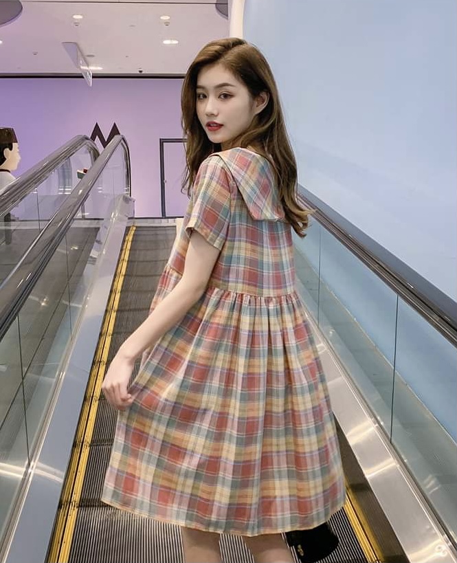 ชุดคลุมท้องเปิดให้นม แขนสั้น ลายสก๊อต มีโบว์ที่คอ ชุดนี้น่ารักมาก M L XL XXL