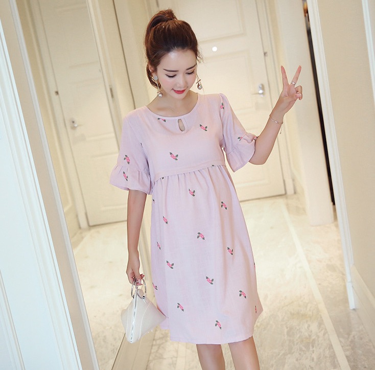 ชุดคลุมท้องเปิดให้นมแฟชั่น ผ้าลินิน แขนระบาย เปิดให้นมแนวนอน มีเชือกผูกหลังน่ารักค่ะ M,L,XL,XXL