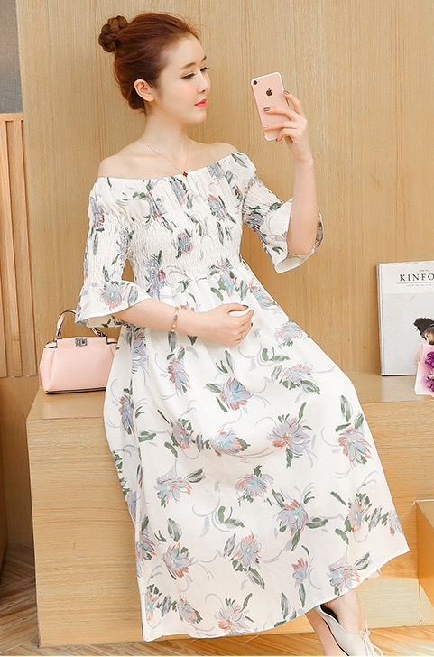 ชุดคลุมท้องเกาหลี เปิดไหล่ก็ได้ แขน3ส่วน ปลายแขนระบาย M,L,XL,XXL