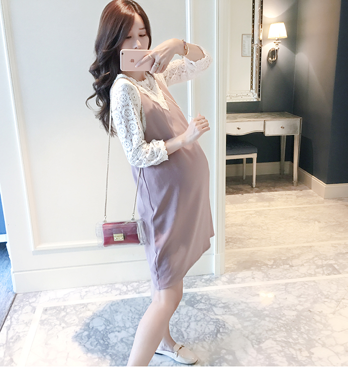 เอี๊ยมกระโปรงคลุมท้อง +เสื้อลูกไม้แขน4ส่วน ชุดสวยหรูน่ารัก ใส่ได้หลายงาน M,L,XL,XXL