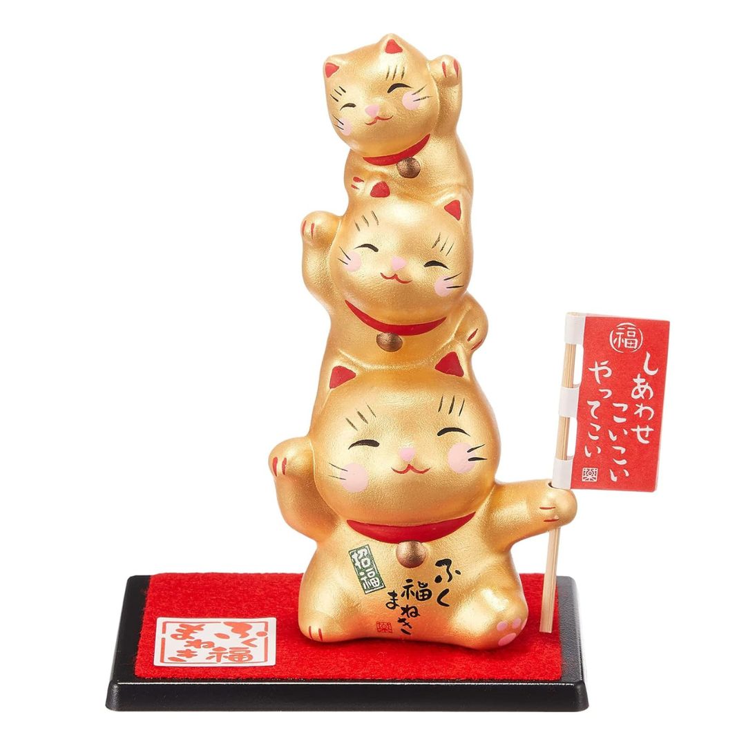 [PRE-ORDER] แมวกวักญี่ปุ่น แมวกวักสีทอง 3 ตัว ขี่คอกัน แมวกวักนำโชค Lucky Cat ManekiNeko Size 10 cm งานแฮนด์เมด นำเข้าจากญี่ปุ่น Beckoning Cat Handmade