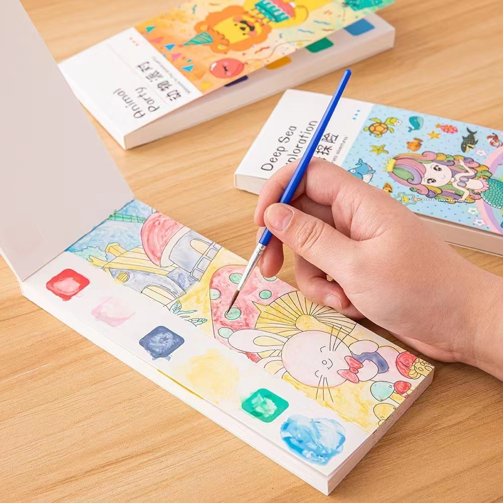 สมุดระบายสีน้ำพร้อมชุดพู่กัน สมุดระบายสีน้ำ ลายการ์ตูน สมุดระบายสี พร้อมพู่กัน