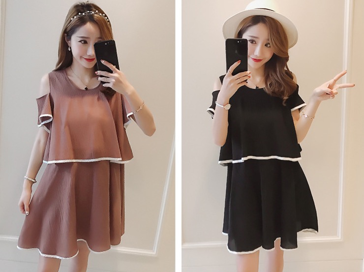 ชุดคลุมท้องเปิดให้นม เปิดไหล่ เหมือนใส่ชุดเสื้อกระโปรง ชุดสวยใส่ได้ถึงหลังคลอด M,L,XL,XXL