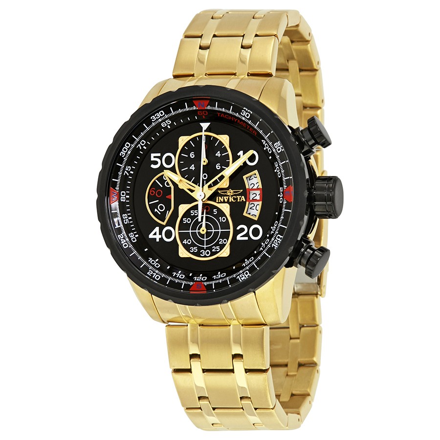 Invicta 17206 นาฬิกาผู้ชาย Aviator Chrono Black Dial Gold Men's Watch