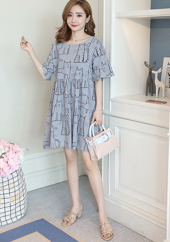 เดรสคลุมท้องแฟชั่นสไตล์เกาหลี ผ้าcotton ลายแมว แขนระบาย ผูกโบว์น่ารักมาก M L XL,XXL