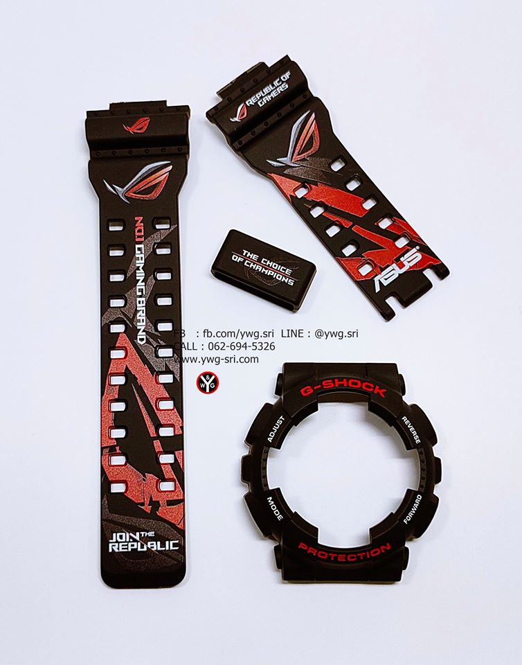 กรอบสาย G-SHOCK แท้ สีดำด้านฟอนต์แดงสลับขาว สกรีนลาย Republic of Gamers ใส่ได้รับรุ่น GA-100 ,GA-110 ,GA-120 ,GD-100 ,GD-120