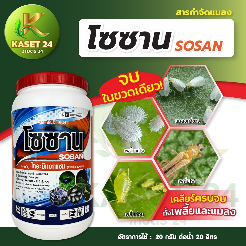 โซซาน สารไทอะมีทอกเเซม ป้องกันและกำจัดแมลง เพลี้ยแป้ง เพลี้ยไก่แจ้ เพลี้ยไฟ เพลี้ยจั๊กจั่น เพลี้ยกระโดด แมลงหวี่ขาว แมลงบั่ว ด้วง แมลงสิง แมลงเต่าทอง