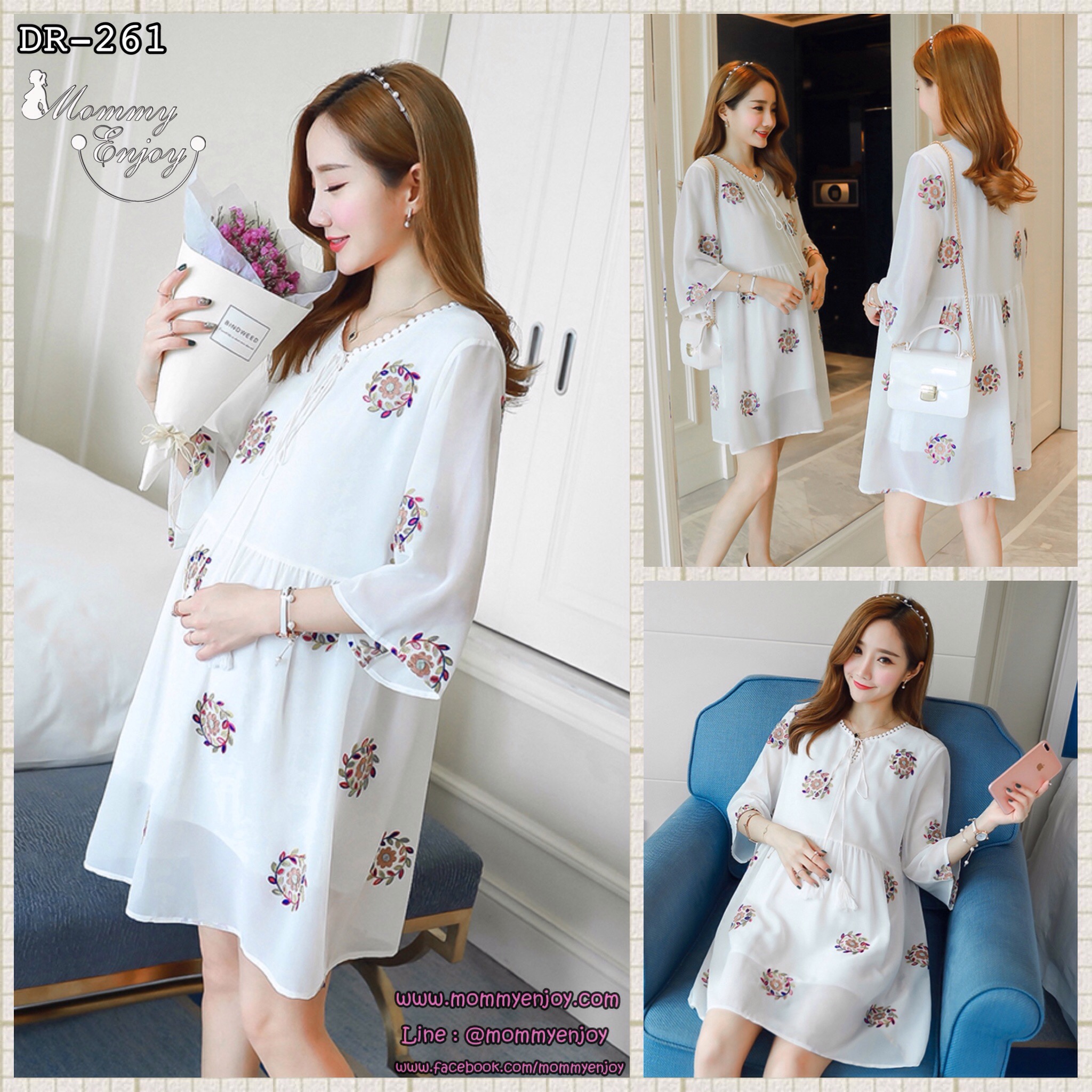 ชุดคลุมท้องเกาหลี ผ้าชีฟองมีซับในเต็มชุด คอลูกไม้มีเชือกผูก ปักลายดอกไม้ M,L,XL,XXL