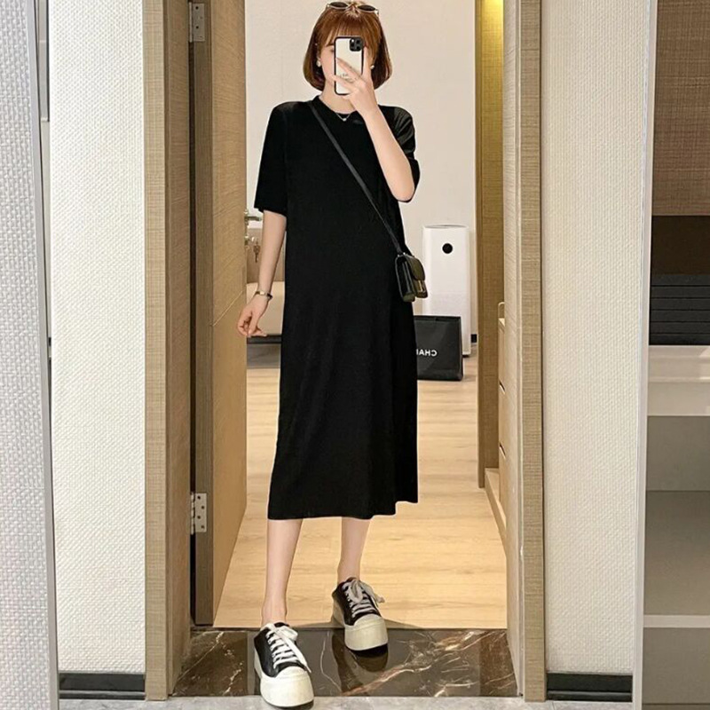 เดรสคลุมท้องแฟชั่นสบายๆ แขนสั้น ดูดี ผ้าทิ้งตัว มีน้ำหนัก เนื้อดีค่ะ M L XL XXL