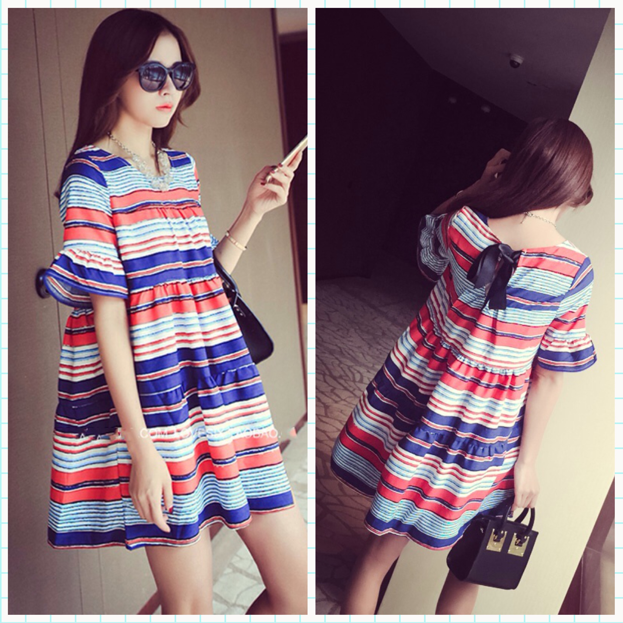 ชุดคลุมท้อง แขนระบาย น้ำเงินแดง มีโบว์ น่ารักค่ะ M,L,XL,XXL