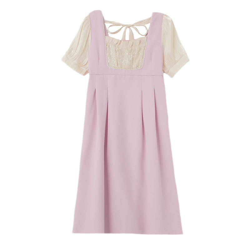 เอี๊ยมหลอกกระโปรง ผ้าชีฟอง คอทำระบายเล็กๆ แต่งด้วยมุกเล็ก ด้านหลังผูกโบว์สวย แขนตุ๊กตา ผ้าเนื้่อดี M L XL XXL