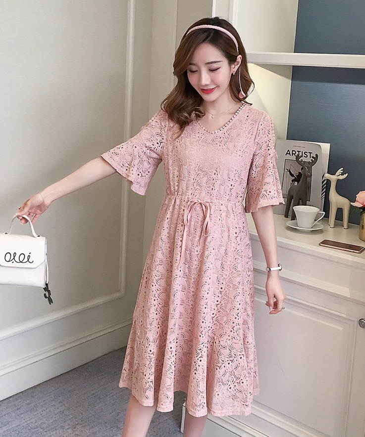 เดรสคลุมท้องแฟชั่นลูกไม้ ช่วงแขนระบาย เปิดไหล่เพิ่มความน่ารัก M L XL XXL