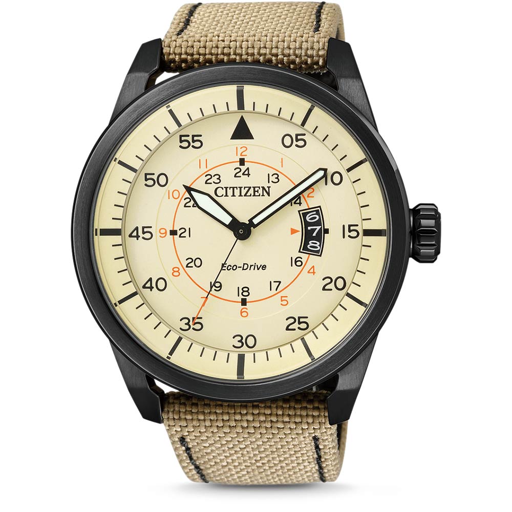 Citizen AW1365-19P นาฬิกาข้อมือผู้ชาย Citizen Eco-Drive รุ่น AW1365-19P, Aviator Black IP Nylon Men's Watch