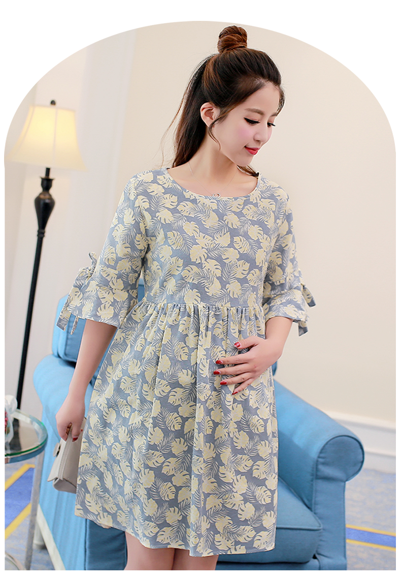 ชุดคลุมท้องเปิดให้นม ลายใบไม้ ผ้าฝ้ายเนื้อดี เปิดให้นมแนวนอน แขนผูกโบว์น่ารัก M,L,XL,XXL