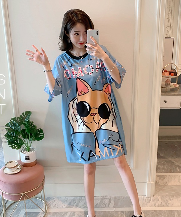 ชุดคลุมท้องแฟชั่นแขนสั้นพิมพ์ลายแมวน่ารัก คอกลม ผ้ายืดเนื้อนิ่ม ใส่สบายๆค่ะ M L XL XXL 3XL