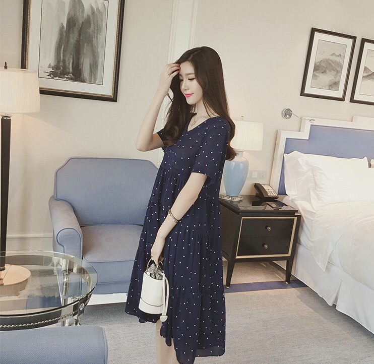 ชุดคลุมท้องแขนสั้น ผ้าชีฟอง ลายจุด ผ้านิ่มเบาสบาย มีซับใน M L XL XXL