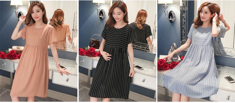 เดรสคลุมท้องสไตล์เกาหลี แขนสั้น ลายตรง ทรงระบาย มีเชือกปรับขนาดครรภ์ M L XL,XXL
