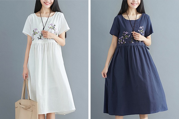 เดรสคนท้องแฟชั่นสไตล์ Retro ผ้าฝ้ายปักลายสวยน่ารัก ปรับขนาดได้ผูกข้าง M L XL,XXL