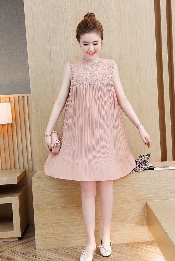 ชุดคลุมท้องแฟชั่นเกาหลีแขนกุด ผ้าชีฟองอัดพรีท ช่วงบนเป็นลูกไม้ซีทรู เรียบหรูน่ารัก M L XL XXL