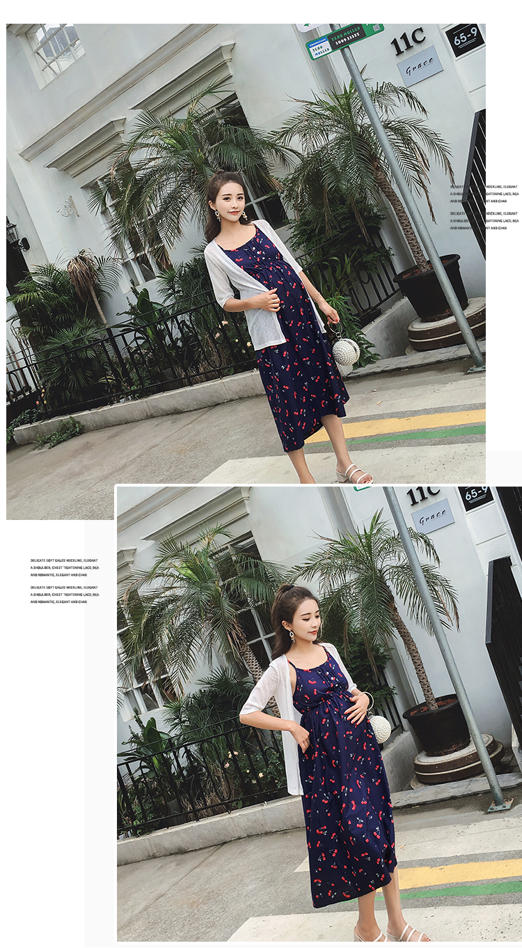 ชุดคลุมท้องสายเดี่ยวมาพร้อมเสื้อคลุม ชุดผ้าฝ้ายลายเชอรี่น่ารัก M L XL XXL