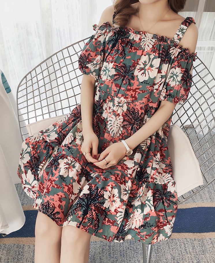 เดรสคลุมท้องสไตล์เกาหลี เปิดไหล่ ลายสวย ซ่อนหุ่นได้ดี ดีงามมากค่ะ M L XL,XXL