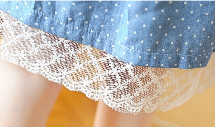 ชุดคลุมท้องเปิดให้นม แขนสั้น ลายจุดชายกระโปรงต่อลูกไม้ มีเชือกผูกปรับขนาดครรภ์ M,L,XL,XXL