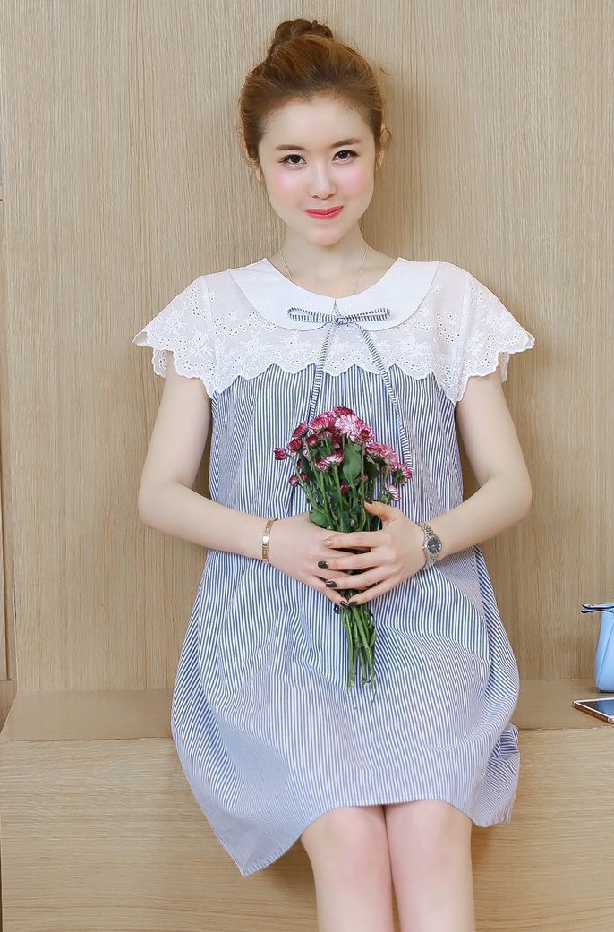 ชุดคลุมท้องทรงน่ารัก ผ้าฝ้าย ช่วงรอบอกประดับด้วยลูกไม้ มีเชือกผูกปรับขนาดครรภ์ด้านหน้า M L XL XXL