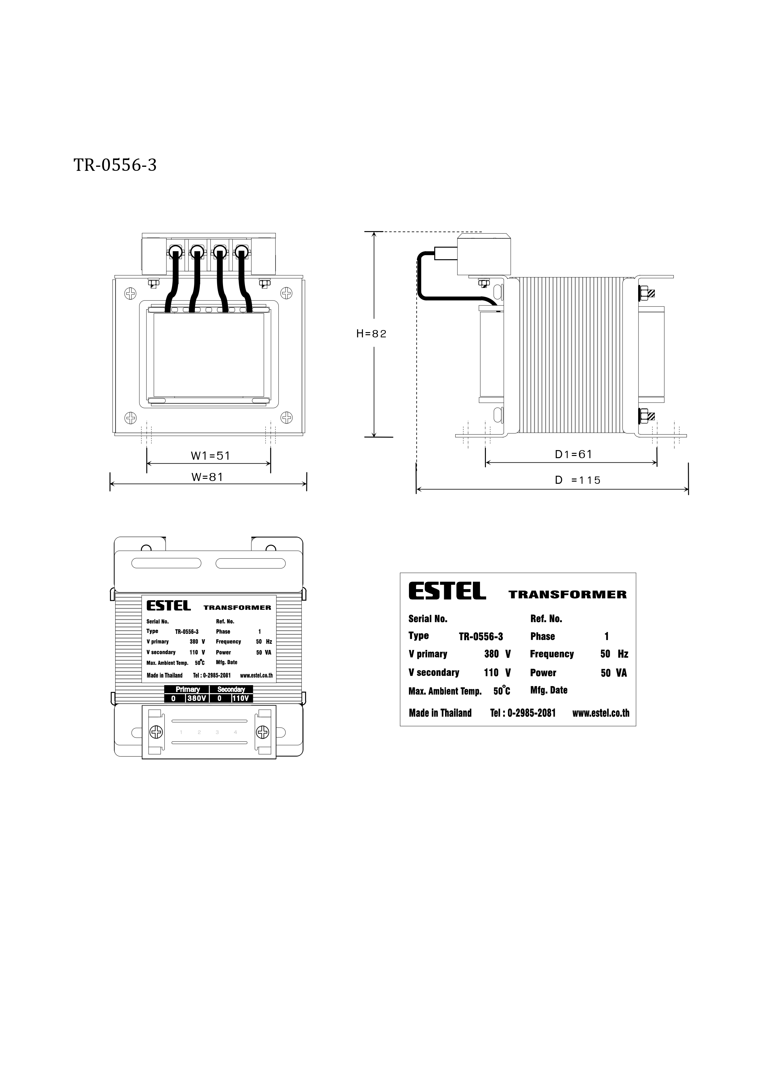 หม้อแปลงESTEL Input 0 380 VAC Output 0 110 VAC 50VA