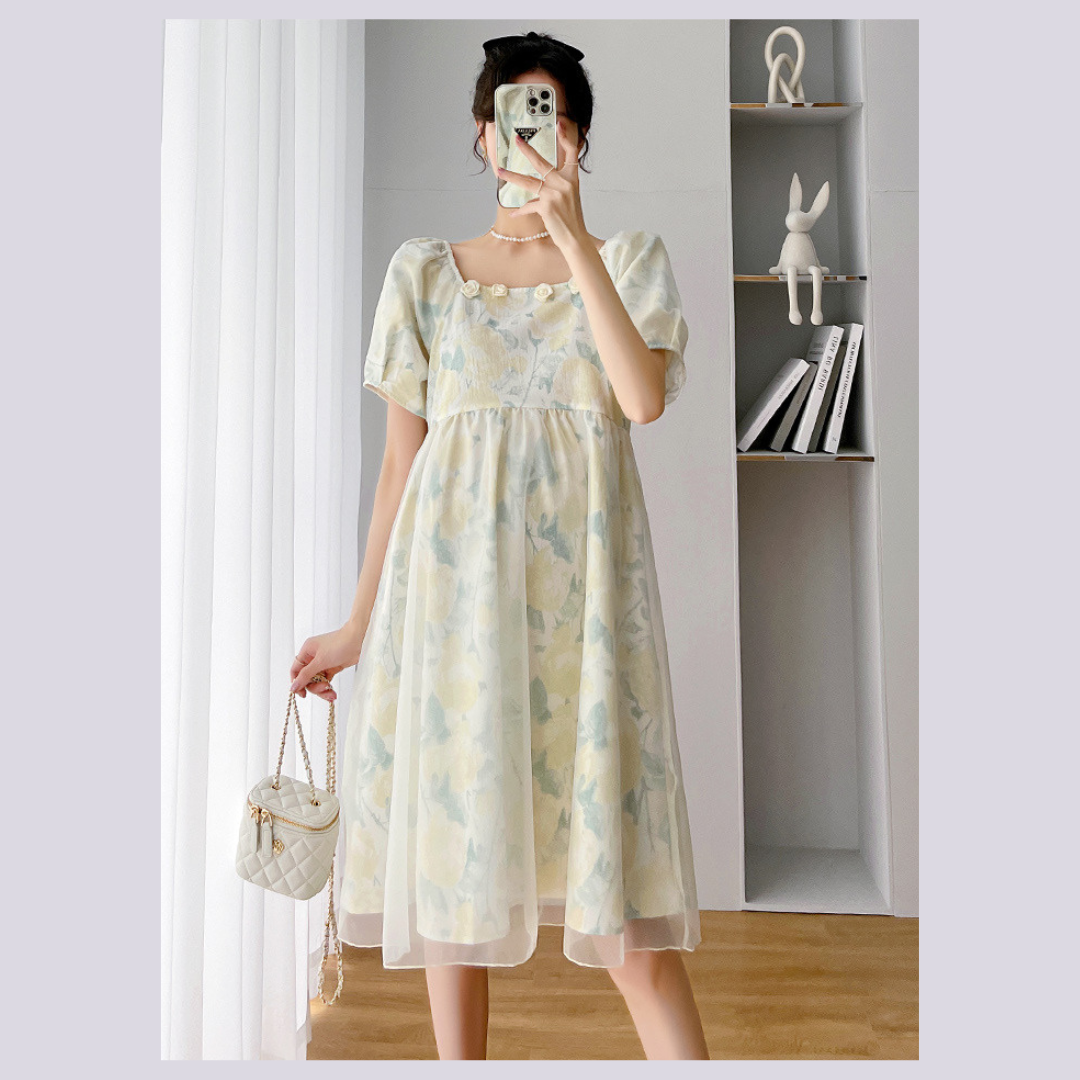 ชุดคลุมท้องแฟชั่นเกาหลี ผ้าเนื้อนิ่มสวย ด้านนอกมีผ้าตาข่ายเพิ่มความน่ารัก มีซับในเต็มชุด สวยมากค่ะ M L XL XXL