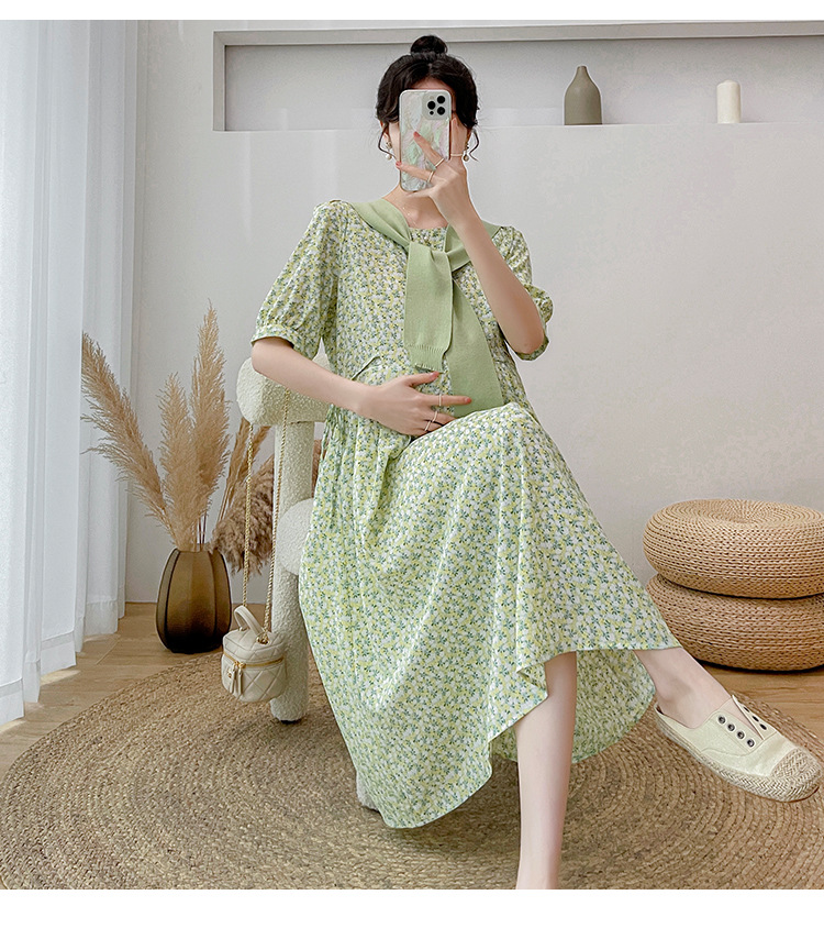 เดรสคลุมท้องแฟชั่น ผ้าชีฟอง พิมลาย ดอกไม้น่ารัก มีซับใน มีเชือกผูกปรับขนาดครรภ์ มีผ้าพันคอให้ด้วย M L XL XXL