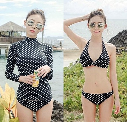 2 Piece พร้อมส่ง :ชุดแฟชั่นว่ายน้ำสีดำแต่งลายจุดแขนยาว 2 piece + เสื้อคลุมน่ารักมากๆจ้า:รอบอก26-30นิ้ว เอว26-30นิ้ว สะโพก28-34นิ้วจ้า