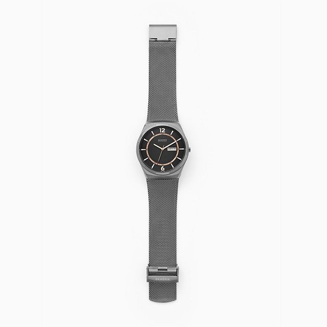 Skagen SKW6575 นาฬิกาผู้ชาย Melbye Three-Hand Day-Date Gunmetal Steel-Mesh Quartz Men's Watch