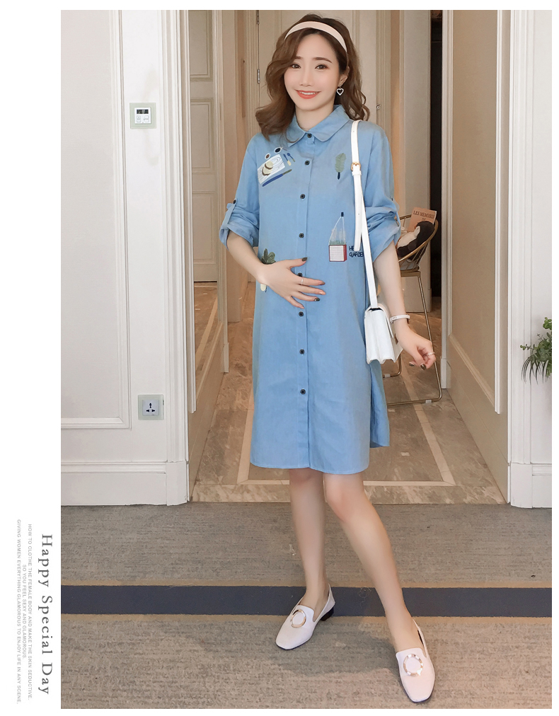 เดรสคลุมท้องแฟชั่นแขนยาว คอปก กระดุมหน้า ปักลายน่ารัก M L XL,XXL