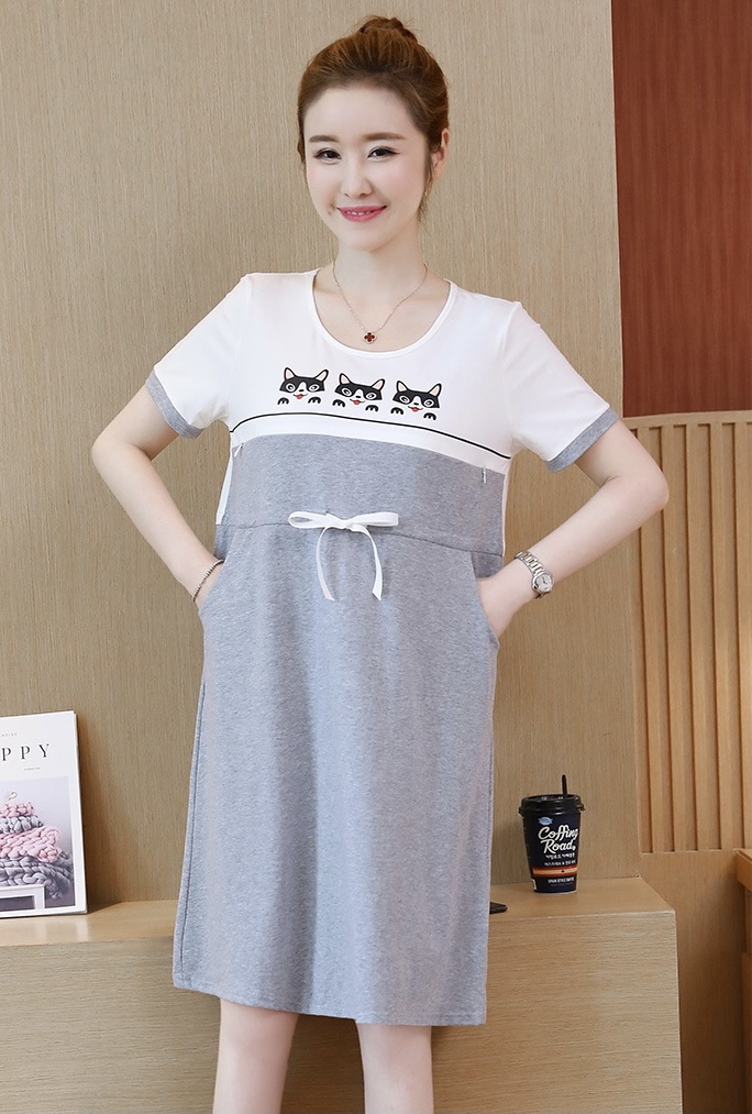 ชุดคลุมท้องเปิดให้นม แขนสั้น ลายแมวเหมียว ปรับขนาดได้ตามอายุครรภ์ M L XL XXL